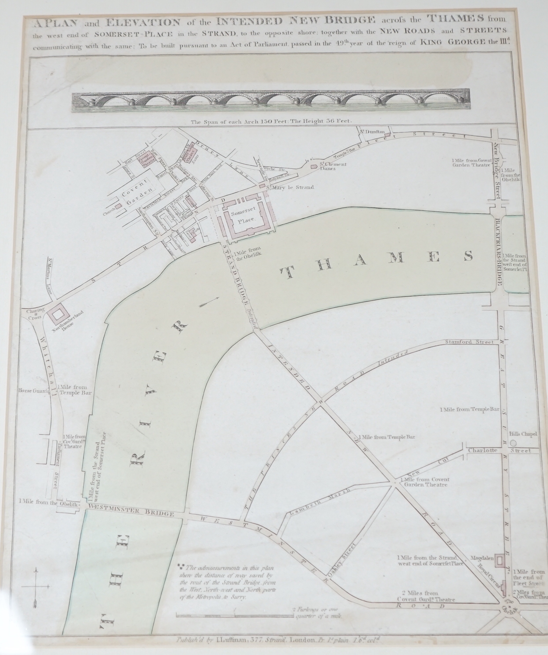 A 19th century engraving, Plan and Elevation of the intended new bridge across The Thames, an Act of Parliament passed in the 49th year of King George III, publ. by L. Luffman, 377 Strand, London, 35 x 28cm